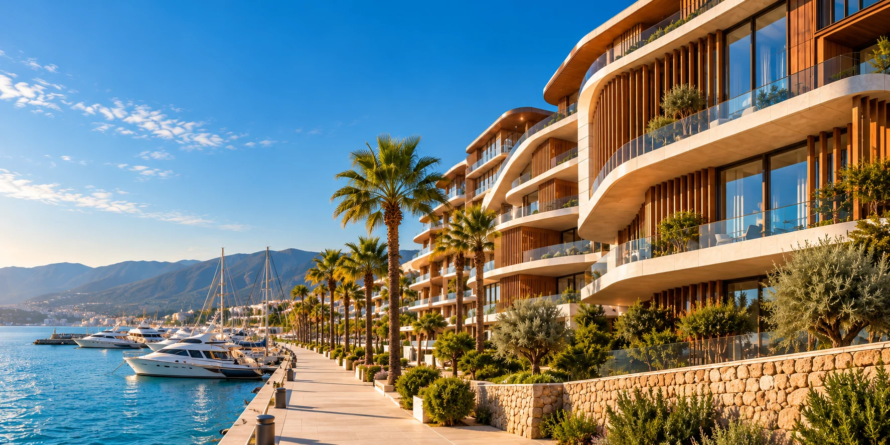 Sunlit stone terraces, timber screens and landscaped waterfront spaces